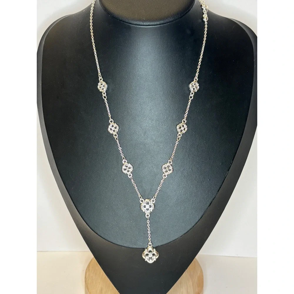 Avon Silver Tone Rhinestone Quatrefoil Flower Y Drop Lariat Necklace Adjustable